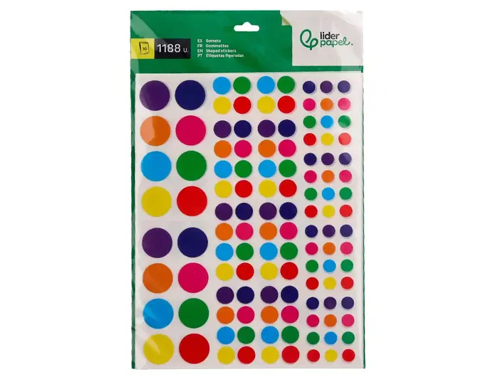 Liderpapel Gomets autoadhesivos figuras de colores y tamaños surtidos bolsa de 10 hojas