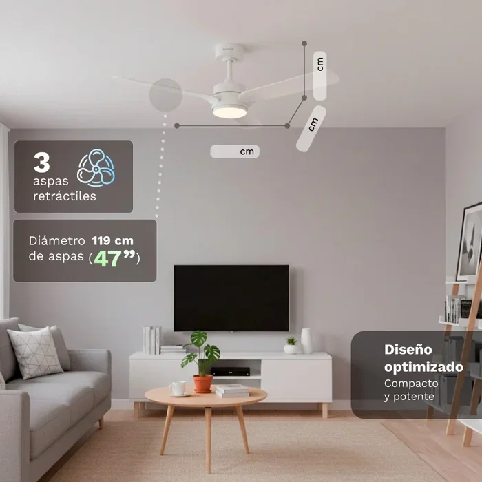 Grunkel SKYEASY47 Ventilador de Techo Blanco de 119 cm con 3 Aspas y 6 Velocidades