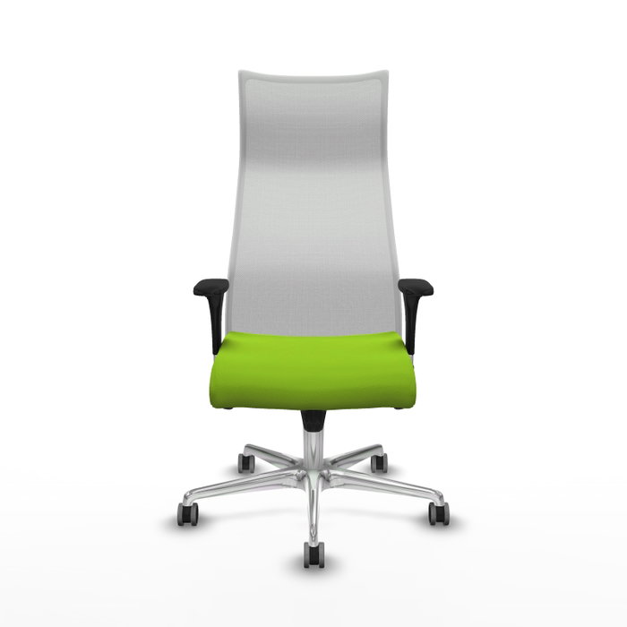 Sillón Albacete con mecanismo Sincro tapizada con Similpiel color Pistacho y malla color Blanco. Equipado con Base aluminio, Brazos 1D y Ruedas 65 mm parqué