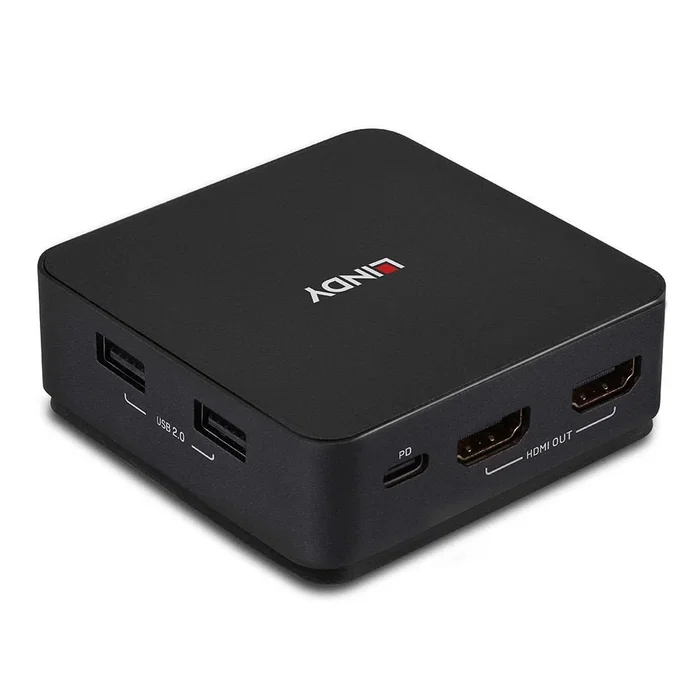 Lindy 42321 Conmutador KVM 2 Ordenadores con 4K Ultra HD 60Hz HDMI 2.0, USB-C con Power Delivery 100W, Carcasa de Metal Gris