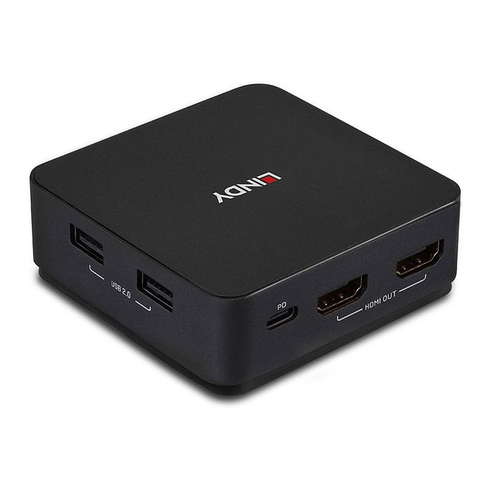 LINDY 42321 Conmutador KVM Switch 2 Puertos USB Tipo C, Dual HDMI 4K 60Hz 3840x2160, Conmutación Automática, 100W PD, Gris