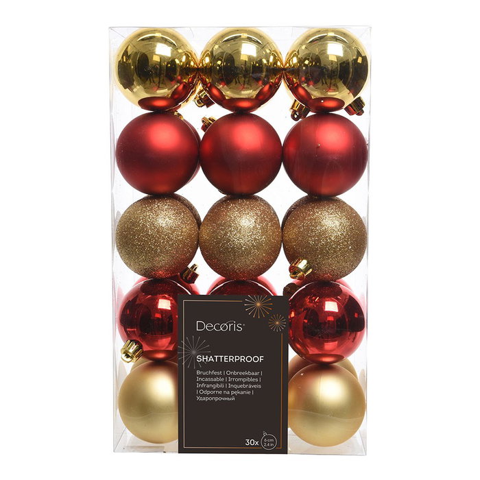 Decoris Bolas de decoración árbol navidad ø6 cm, rojo y dorado, caja 30 uds Decoris Bolas de decoración árbol navidad ø6 cm, rojo y dorado, caja 30 uds
