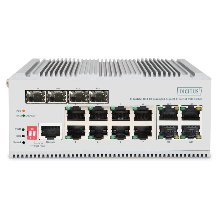 Digitus 8+4P Industrial Gigabit Ethernet PoE Switch L2 managed | Switch PoE de Red Industrial Gigabit Ethernet Gestionado con 8 Puertos y 4 Enlaces SFP