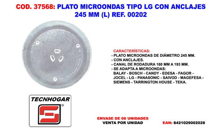 Plato para microondas tipo LG con anclajes 245 mm (L) REF. 00202 Plato para microondas tipo LG con anclajes 245 mm (L) REF. 00202
