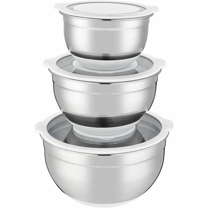 Arthur Martin Juego de ensaladeras AM486 de acero inoxidable con tapas herméticas y base de silicona, 3 piezas Arthur Martin Juego de ensaladeras AM486 de acero inoxidable con tapas herméticas y base de silicona, 3 piezas