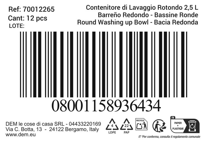 Inde Barreño Redondo de 2.5 Litros con Tapa "Lior" - Capacidad 2.5L, Diámetro 23.4 cm, Alto 10.1 cm (12 Unidades)