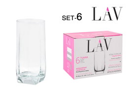 LAV Set de 6 vasos de refresco, colección Tuana, capacidad 330 cc, diámetro 6.3 cm, altura 14 cm, peso 240 g por vaso (8 Cajas)