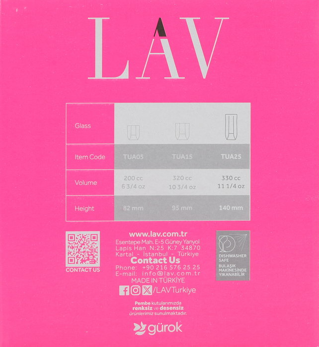 LAV Set de 6 vasos de refresco, colección Tuana, capacidad 330 cc, diámetro 6.3 cm, altura 14 cm, peso 240 g por vaso (8 Cajas)