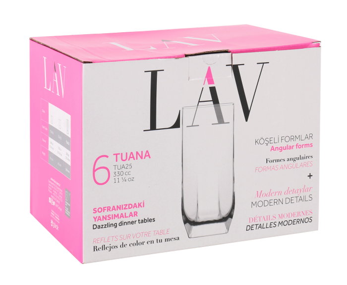 LAV Set de 6 vasos de refresco, colección Tuana, capacidad 330 cc, diámetro 6.3 cm, altura 14 cm, peso 240 g por vaso (8 Cajas)