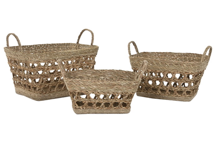 DKD Home Decor Set de 3 Cestas de Seagrass Natural 45x35x35 cm