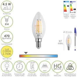 MAURER Bombilla LED Filamento Vela Rosca E14 4,5W Luz Cálida