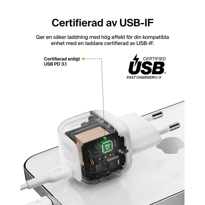 Belkin Boost Charge USB-C de 30 W con cable USB-C a USB-C, Blanco