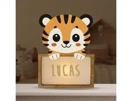 Wondee Lampara de Noche Infantil Personalizable Little Tiger de Madera Sostenible Luz Quit Miedos