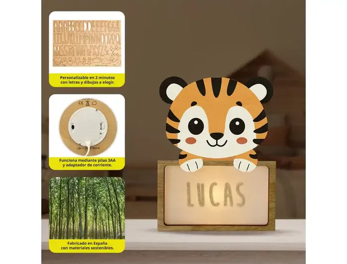 Wondee Lampara de Noche Infantil Personalizable Little Tiger de Madera Sostenible Luz Quit Miedos