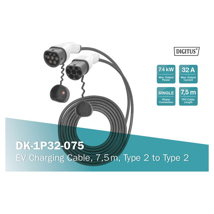 Digitus Cable de Carga para Coche Eléctrico Tipo 2 a Tipo 2, 7.5 m, 32 A, 7.4 kW, Monofásico, Modo 3, Negro, IP55