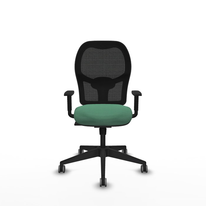 Silla de oficina Alocén con mecanismo Sincro tapizada con Tela color Verde esmeralda y malla color Negro. Equipada con lumbar 1D, Brazos 1D y Ruedas 65 mm parqué
