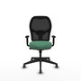 Silla de oficina Alocén con mecanismo Sincro tapizada con Tela color Verde esmeralda y malla color Negro. Equipada con lumbar 1D, Brazos 1D y Ruedas 65 mm parqué