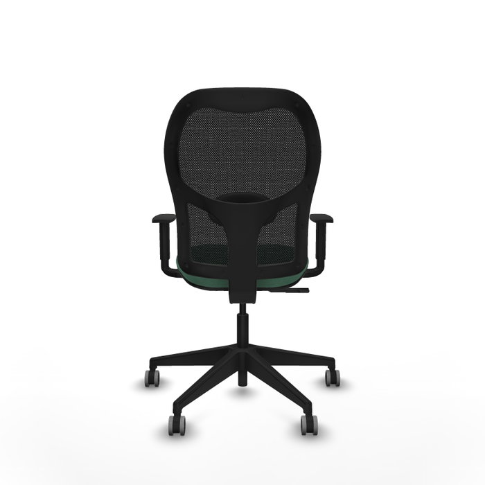 Silla de oficina Alocén con mecanismo Sincro tapizada con Tela color Verde esmeralda y malla color Negro. Equipada con lumbar 1D, Brazos 1D y Ruedas 65 mm parqué
