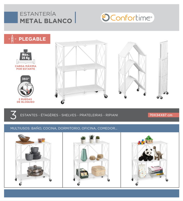 Confortime Estantería Plegable con 3 Niveles, Blanco, 71 cm Ancho x 34 cm Profundo x 86 cm Alto