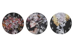 DKD Home Decor Set de 3 Relojes de Pared Chica Flores MDF Multicolor/Negro