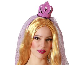 Diadema Corona Fantasía Rosa Mujer Adulto con Velo Brillante y Detalles Dorados Ideal para Disfraces y Fiestas