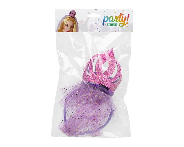 Diadema Corona Fantasía Rosa Mujer Adulto con Velo Brillante y Detalles Dorados Ideal para Disfraces y Fiestas