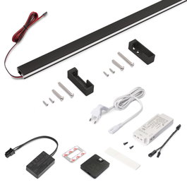 Emuca Kit de barra para armario Luxe, tira LED 4,5x8 Neonlynx V, sensor de movimiento RF Smart y convertidor Smart (24V DC), longitud 900mm, Luz blanca cálida 2.700K, Plástico y Aluminio, Pintado negro texturizado