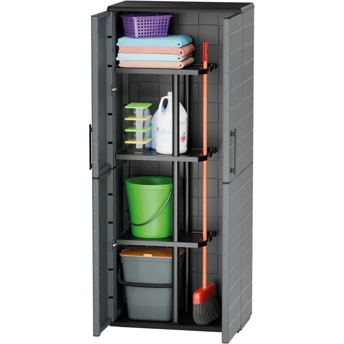 Tood Armario para Escobas TOO8010693128372, 2 Puertas + 3 Estantes, Polipropileno, 68 x 37 x 163 cm, Gris
