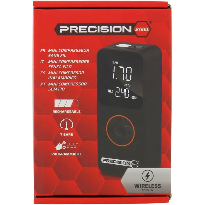 ACERO DE PRECISIÓN Mini compresor inalámbrico recargable 10 bar Inflador para coche y bicicleta USB-C