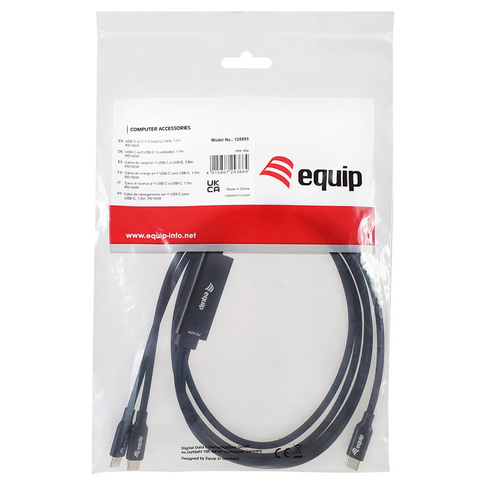 EQUIP Equip Kabel 128895 Y-Cable USB-C 4.0 a Doble USB-C 140W PD Negro, Algodón, Carga Rápida, 1.5 m EQUIP Equip Kabel 128895 Y-Cable USB-C 4.0 a Doble USB-C 140W PD Negro, Algodón, Carga Rápida, 1.5 m