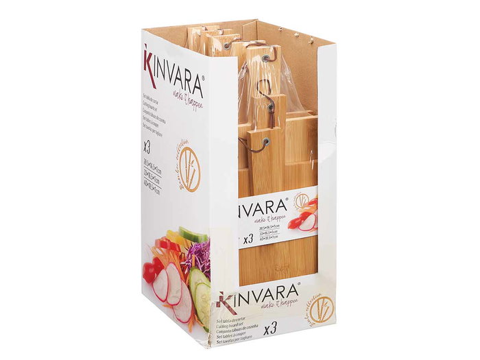 Kinvara Set 3 Tablas de Corte Asa Bambú con Detalles en Metal y Cuerda, Tabla Principal 40 x 4 x 18.5 cm, Otras Tablas 33 x 16.7 cm y 28.5 x 14.5 cm (Set de 12)