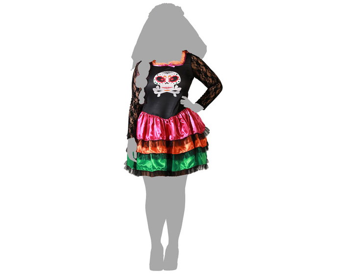 Vestido Disfraz Mujer Halloween Día de los Muertos Negro con Estampado Calavera y Volantes Multicolor Talla XXL Vestido Disfraz Mujer Halloween Día de los Muertos Negro con Estampado Calavera y Volantes Multicolor Talla XXL
