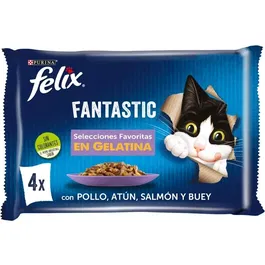 Purina Felix Feline Fantastic Selecciones Favoritas - Comida Húmeda para Gato, 12 Paquetes de 4 Latas de 85 gr