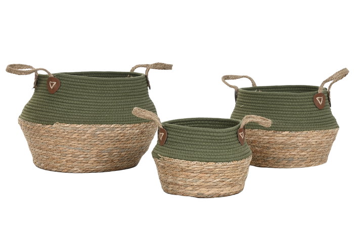 DKD Home Decor Cesta Verde Natural Fibra Algodon Set de 3 Piezas 41 x 37 x 41 cm