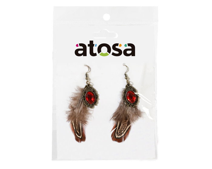 Atosa Pendientes Indio Plumas con Piedra Roja y Marrón