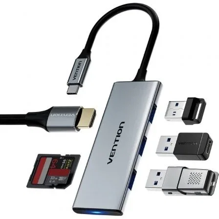 Vention Base USB C Hub Tophb 1xHDMI 3xUSB 1xLector SD MicroSD - Gris Vention Base USB C Hub Tophb 1xHDMI 3xUSB 1xLector SD MicroSD - Gris