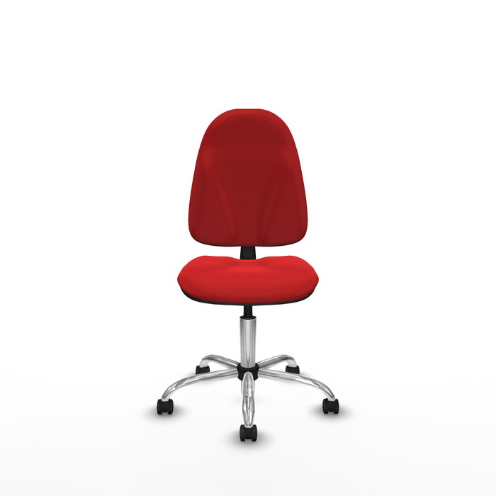 Silla de oficina Algarra con mecanismo Contacto permanente básico tapizada con Similpiel color Rojo. Equipada con Base cromada, Sin brazos y Ruedas autofrenantes