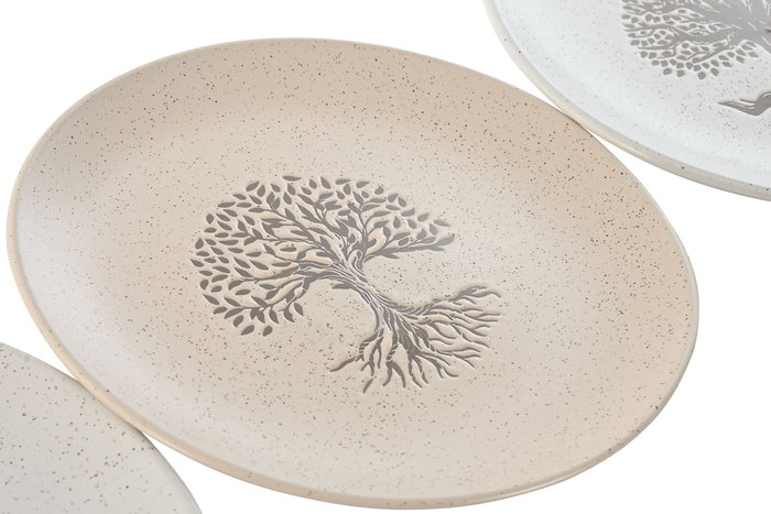 DKD Home Decor Plato Tradicional Tree of life 24 Beige Blanco Roto Gres 20x2.5x20 cm Apto Microondas Lavavajillas (4 Unidades)