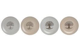DKD Home Decor Set de 4 Platos de Gres Árbol de la Vida Mate Beige y Blanco Roto