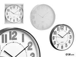 Giftdecor Reloj Redondo 30 cm con Números Rayas Surtidos Plástico y Vidrio Negro Plata Esfera Blanca (Set de 12)