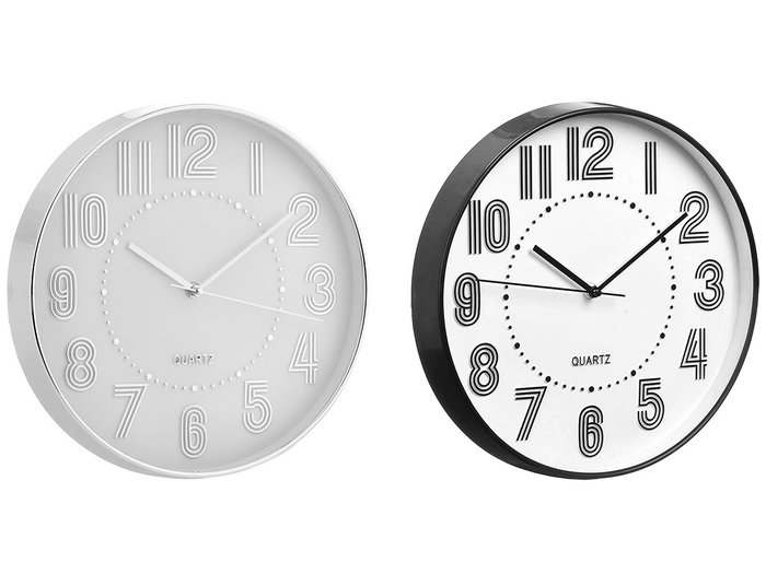 Giftdecor Reloj Redondo 30 cm con Números Rayas Surtidos Plástico y Vidrio Negro Plata Esfera Blanca (Set de 12)