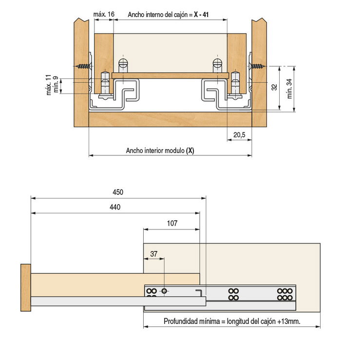 DTC Tourpush Guía Oculta Extracción Parcial Push Sin Tiradores 450mm