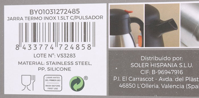 Thermosport Jarra Termo Inoxidable 1.5 Litros con Pulsador ø14x16x23 cm (6 Unidades)