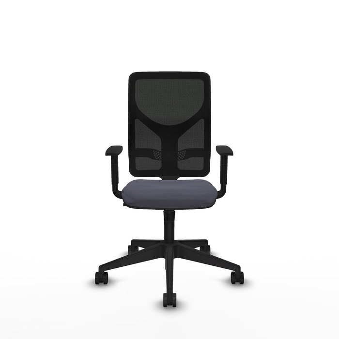 Silla de oficina Motilla con mecanismo Sincro tapizada con Tela color Gris oscuro y malla color negra. Equipada con lumbar 1D, Brazos 1D y Ruedas 65mm nailon