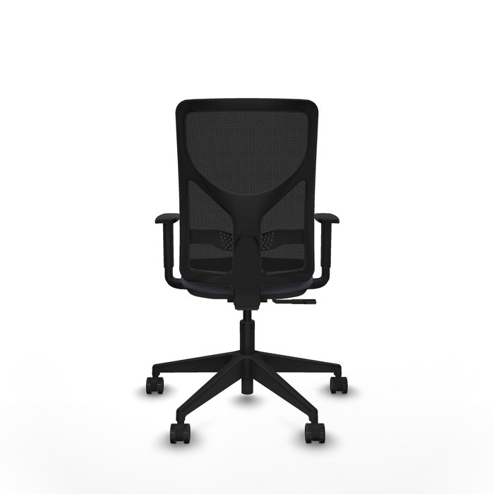 Silla de oficina Motilla con mecanismo Sincro tapizada con Tela color Gris oscuro y malla color negra. Equipada con lumbar 1D, Brazos 1D y Ruedas 65mm nailon