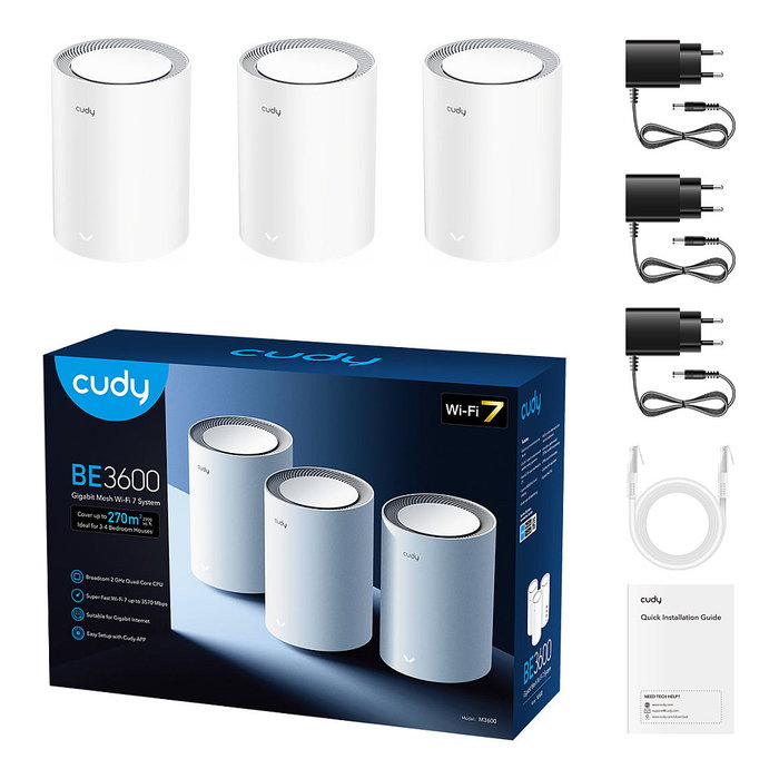 Cudy M3600 Sistema de Malla Wi-Fi 7 BE3600 3 Piezas Blanco, Wi-Fi Doble Banda 2.4/5 GHz, 688+2882 Mbps, 4 Antenas Internas