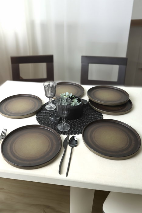 Hermia X00018267 Juego de 6 Platos de Gres Cerámico de 27 cm, Negro y Marrón