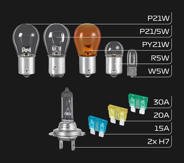 Formula 1 Caja Bombillas Repuesto H7 SB700 F110776, 10 Piezas, Incluye R5W, P21W, P21/5W, PY21W, W5W y Fusibles