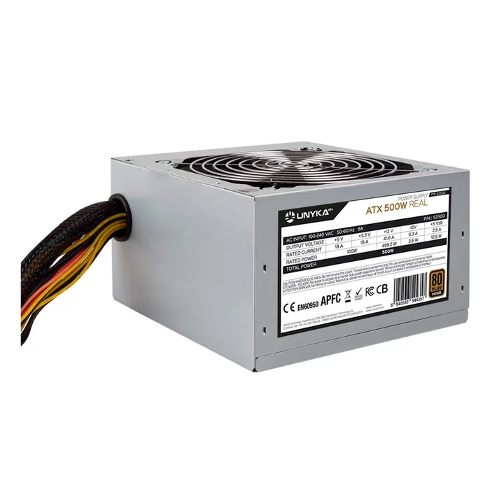 Unykach 52500 Fuente de Alimentación ATX 500W 80 Plus Bronze, PFC Activo, Ventilador 120mm Ultra Silencioso