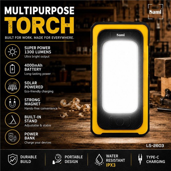 SAMI Linterna LED recargable y solar con imán y powerbank